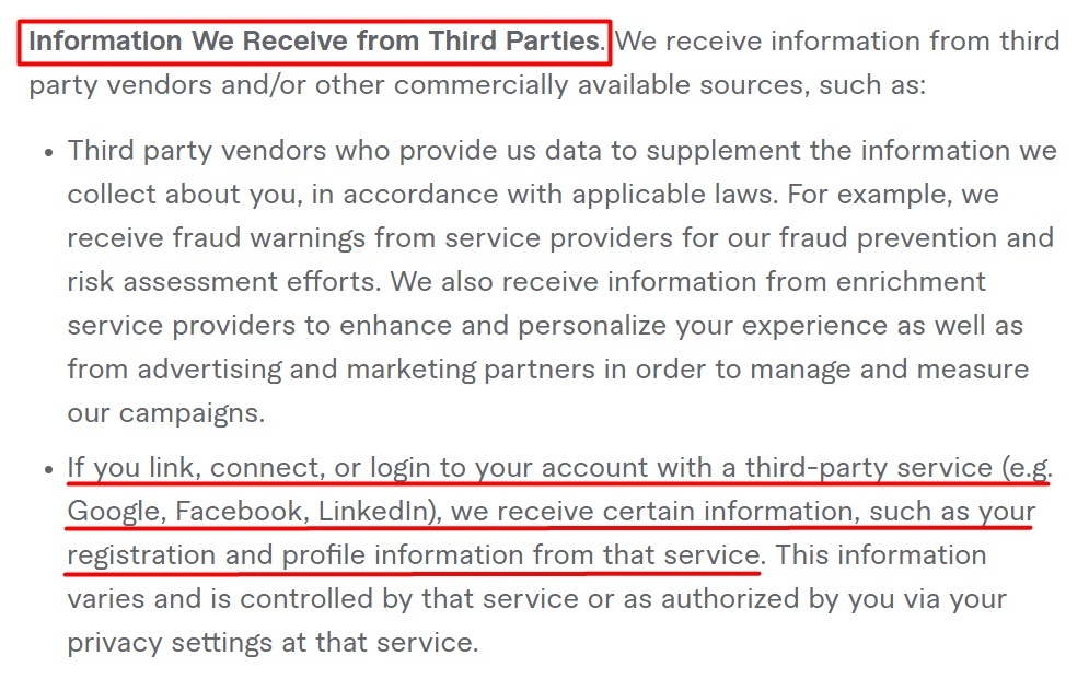 Fiverr Privacy Policy: Information We Receive from Third Parties clause - Login with third-party service section highlighted