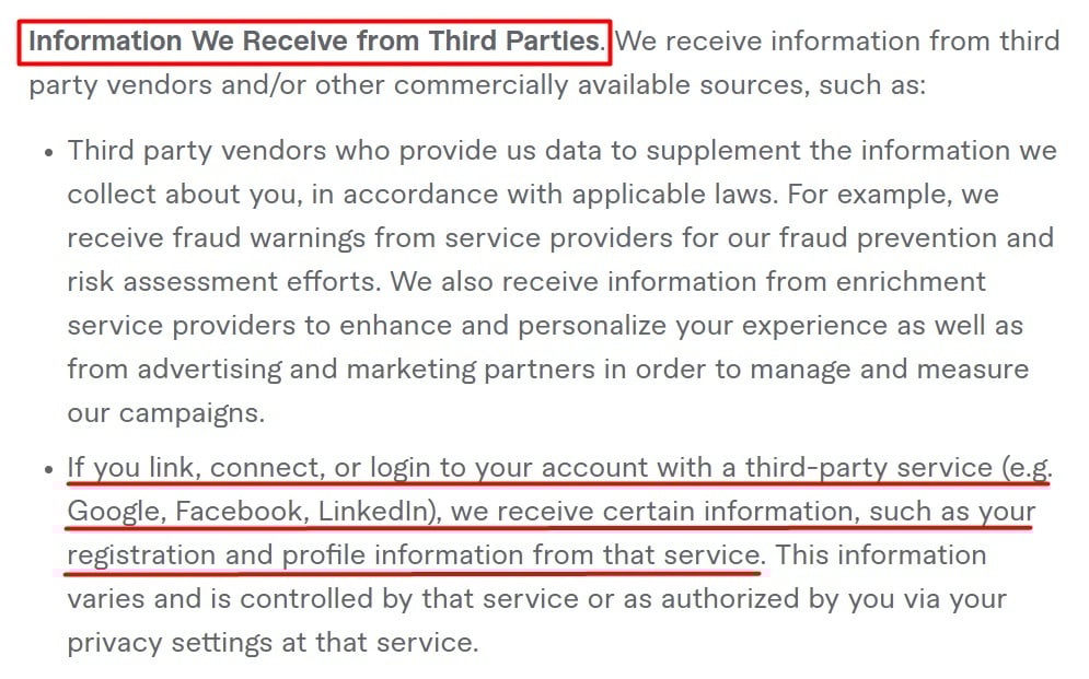 Fiverr Privacy Policy: Information We Receive from Third Parties clause - Login with third-party service section highlighted