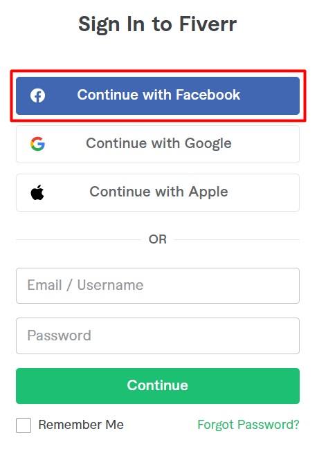 Fiverr sign-in page with Continue with Facebook button highlighted