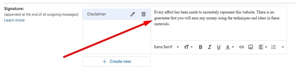 Gmail Settings: Signature box
