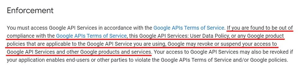 Google API Services User Data Policy: Enforcement section
