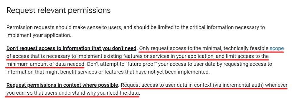 Google API Services User Data Policy: Request relevant permissions section