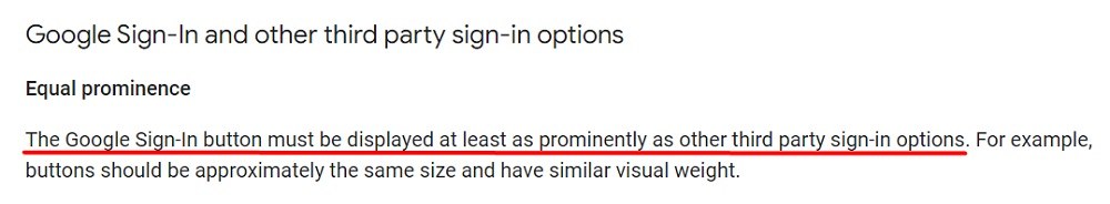 Google Sign-in Branding Guidelines: Google Sign-in and other third party sign-in options clause - Equal prominence section