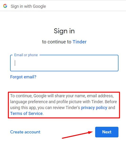 Google Sign-in to Tinder page