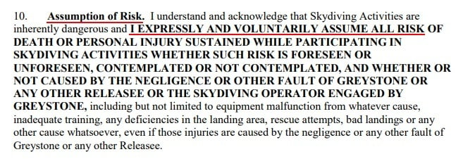 Greystone Programs Voluntary Skydiving Release of Liability and Assumption of risk form: Assumption of Risk section