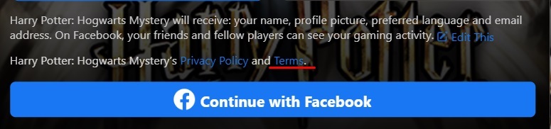 Harry Potter Hogwarts Mystery Facebook app's add screen with Terms URL highlighted