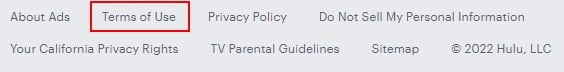 Hulu website footer with Terms of Use URL highlighted
