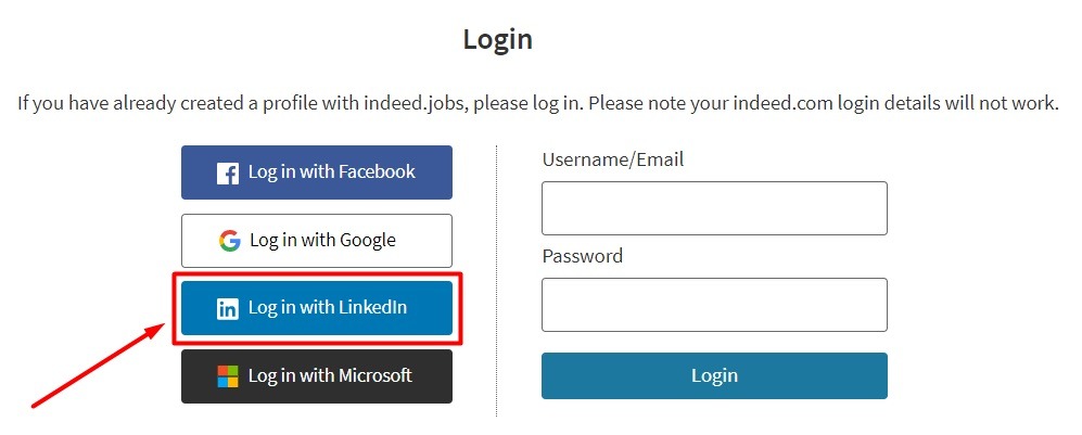 Indeed login page with Log in with LinkedIn button highlighted