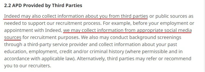 Indeed Privacy Policy: APD Provided by Third Parties clause