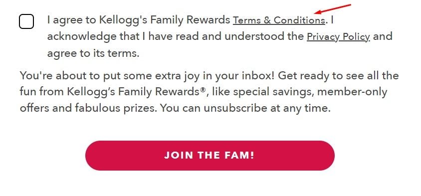 Kelloggs Family Rewards sign-up form with Agree to Terms and Conditions URL highlighted