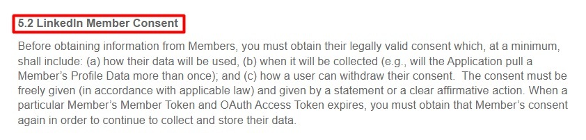 LinkedIn API Terms of Use: LinkedIn Member Consent clause