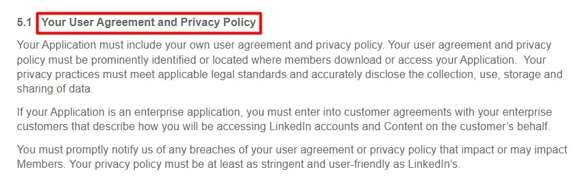 LinkedIn API Terms of Use: Your User Agreement and Privacy Policy clause