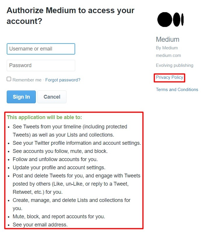 Medium Authorize Access sign in with Twitter page