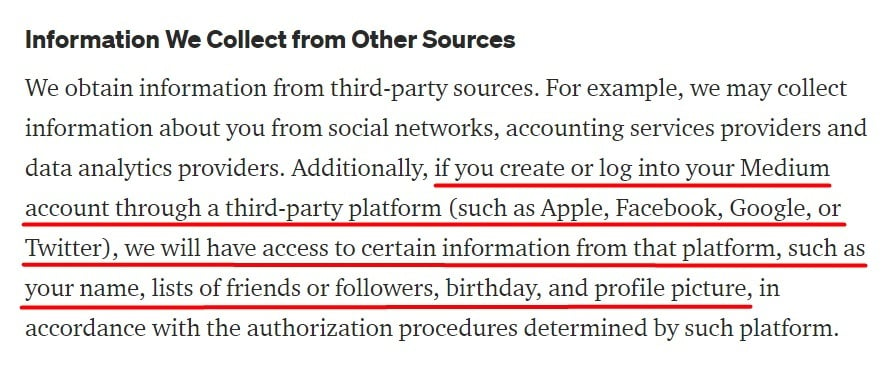 Medium Privacy Policy: Information We Collect from Other Sources clause