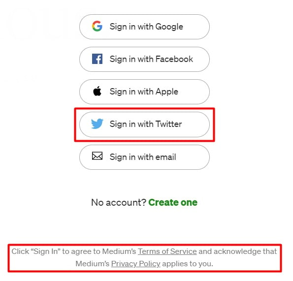 Medium sign in page with Sign-in with Twitter button and I Agree to Privacy Policy, and Terms of Service section highlighted