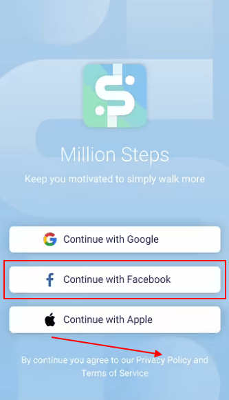 Million Steps app with Continue with Facebook button and Privacy Policy link highlighted