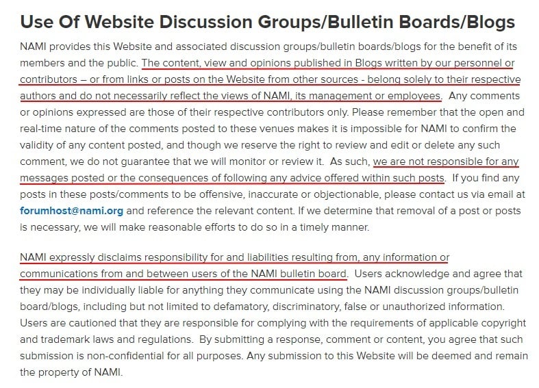 National Alliance on Mental Illness Terms of Use: Use of Website Discussion Groups Bulletin Boards and Blogs