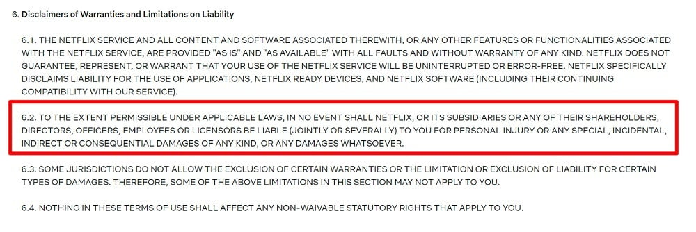 Netflix Terms of Use: Disclaimer of Warranties and Limitations on Liability clause excerpt