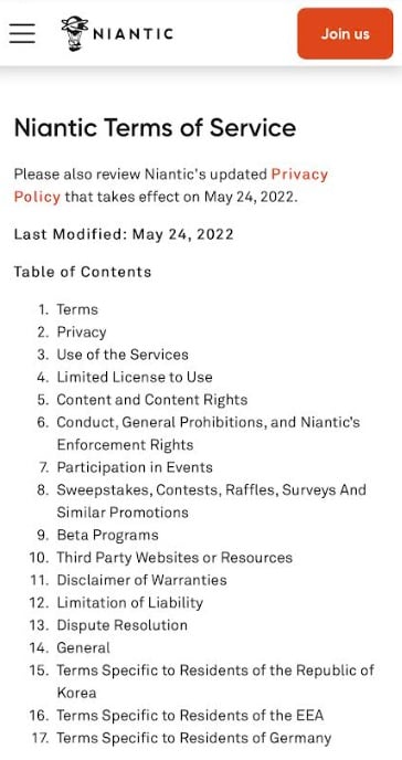 Niantic mobile Terms of Service: Table of Contents