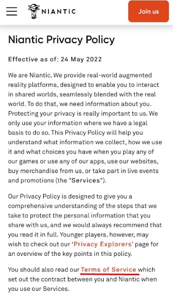 Niantic Privacy Policy with Terms of Service URL highlighted