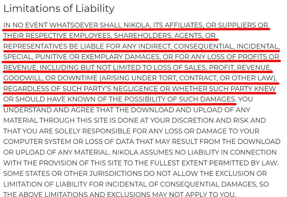 Nikola Motor Terms of Use: Limitation of Liability clause