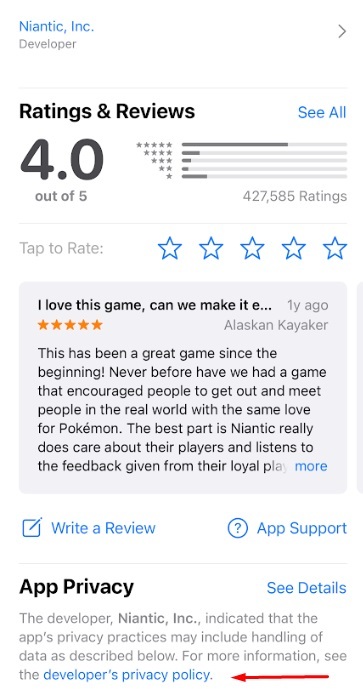 Pokemon GO Apple App Store listing with Privacy Policy URL highlighted