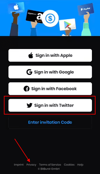 Poll Pay iOS app sign-in screen with Twitter button and Privacy Policy link highlighted