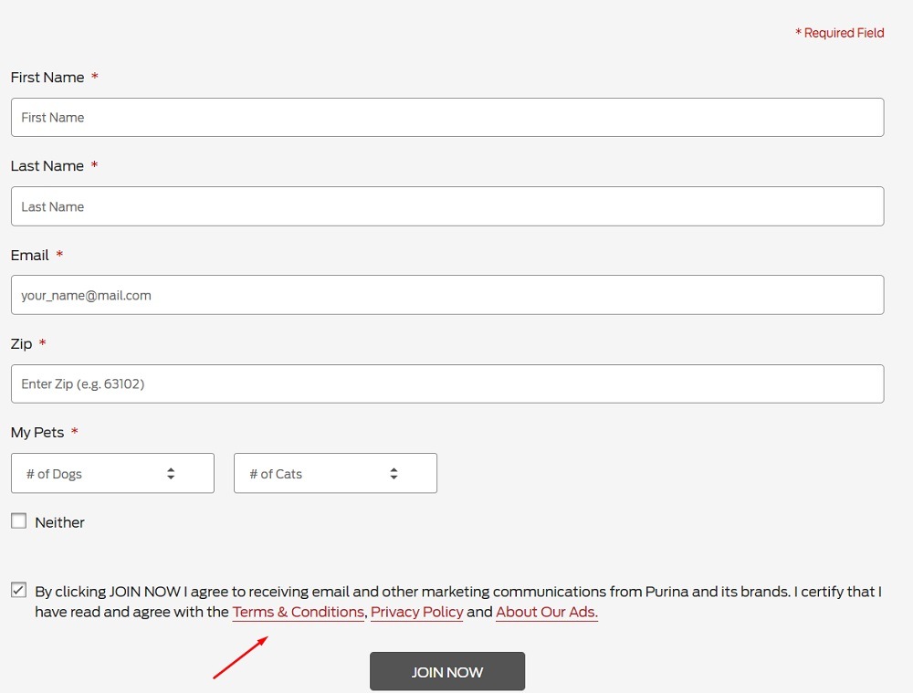 Purina email marketing sign-up form with Terms and Conditions URL highlighted