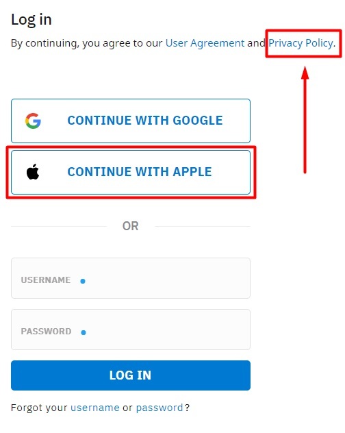 Reddit log-in page with Continue with Apple button and Privacy Policy link highlighted