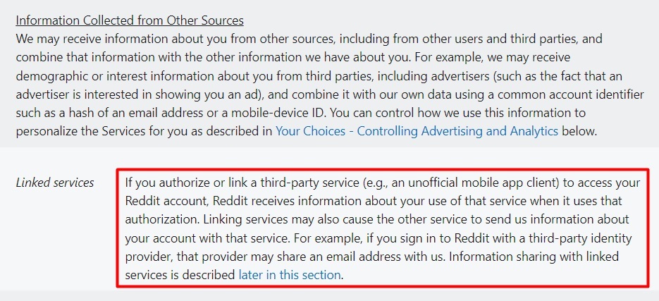 Reddit Privacy Policy: Information Collected from Other Sources clause - Linked services section