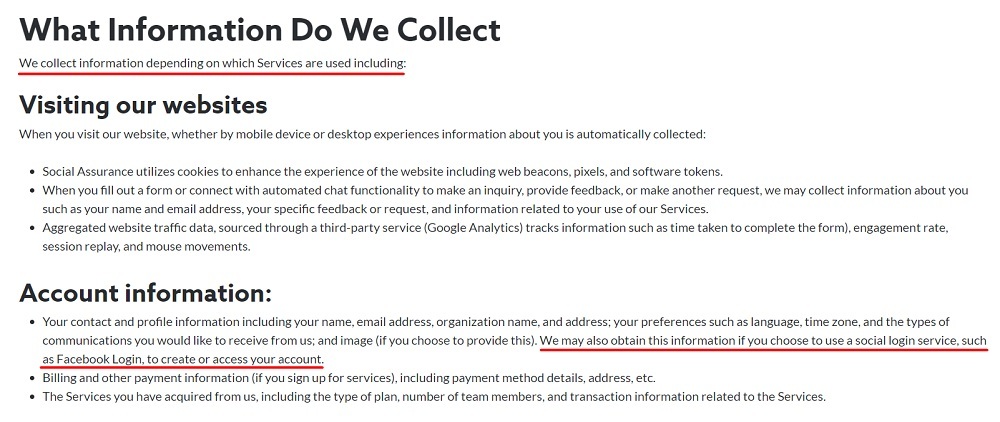 Social Assurance Privacy Policy: What information do we collect clause