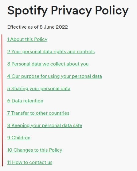 Spotify Privacy Policy table of contents