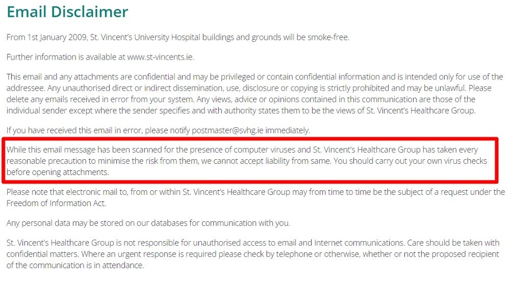 St Vincents University Hospital Email Disclaimer: Virus section highlighted