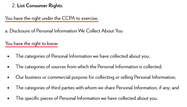 Technicolor CCPA Privacy Policy: Right to know clause excerpt