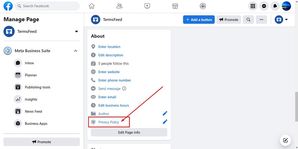 TermsFeed Facebook Page: About section with Privacy Policy linked highlighted