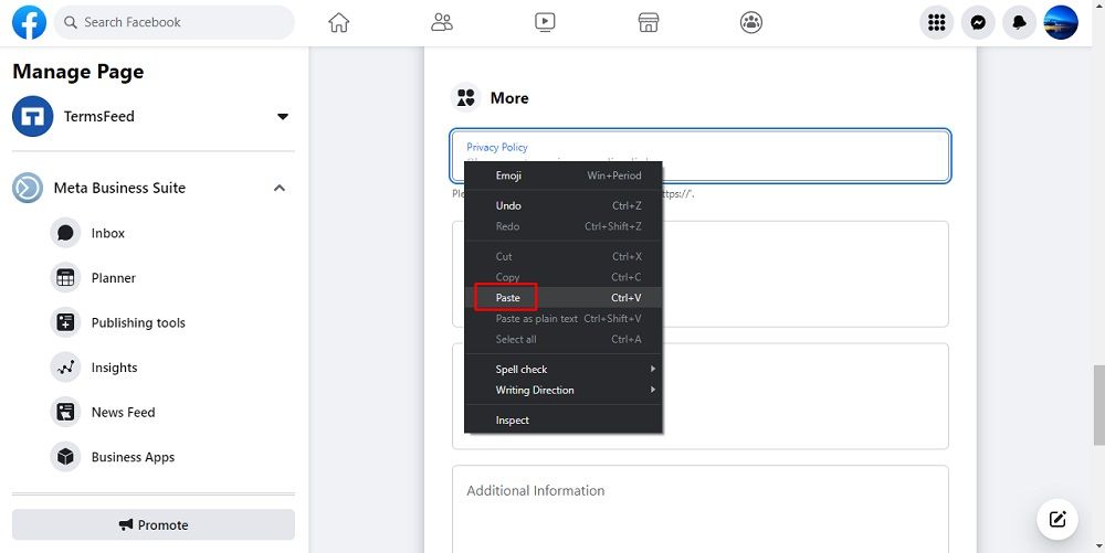 TermsFeed Facebook Page: Edit Page Info - More section with Privacy Policy field and paste option highlighted