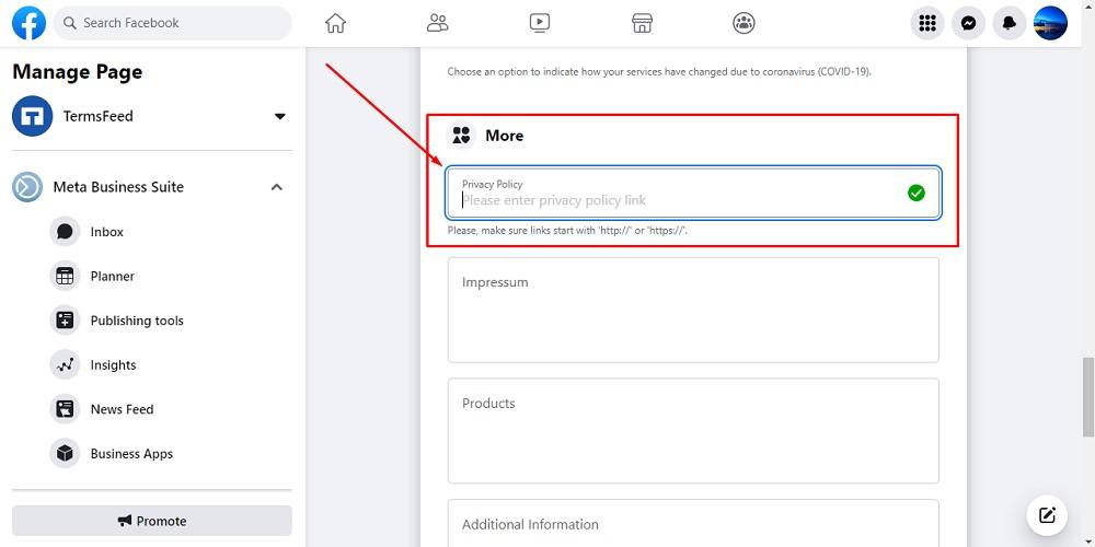 TermsFeed Facebook Page: Edit Page Info - More section with Privacy Policy field empty highlighted