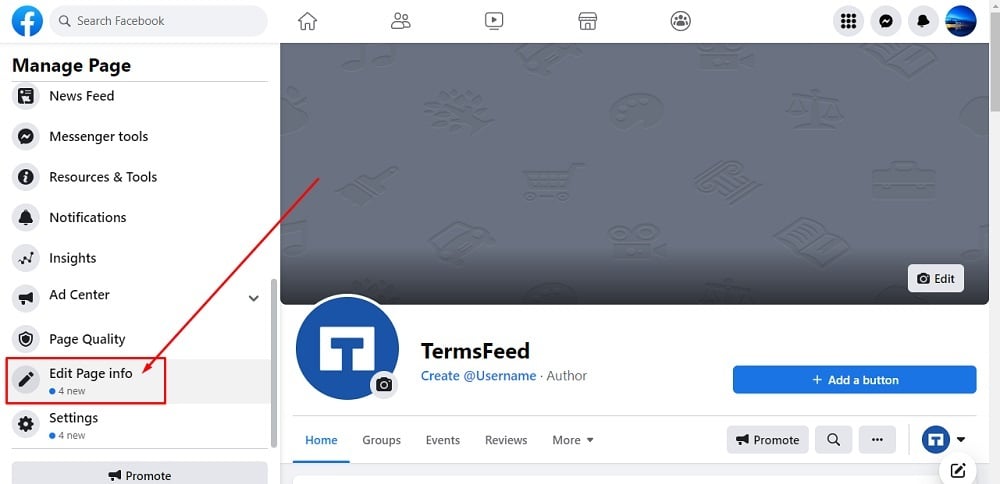 TermsFeed Facebook Page: Menu - Edit Page Info highlighted