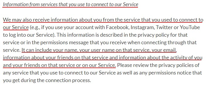 Thismoment Privacy Policy: Information from services that you use to connect our service clause
