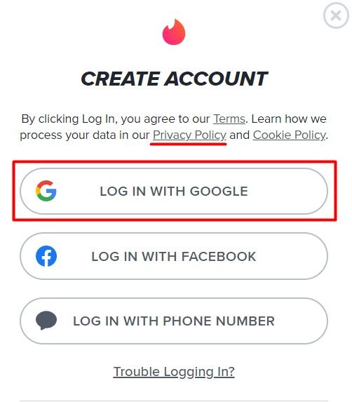 Tinder login page with Log in with Google button and Privacy Policy highlighted