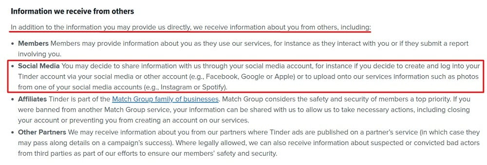 Tinder Privacy Policy: Information we receive from others clause - Social Media section highlighted