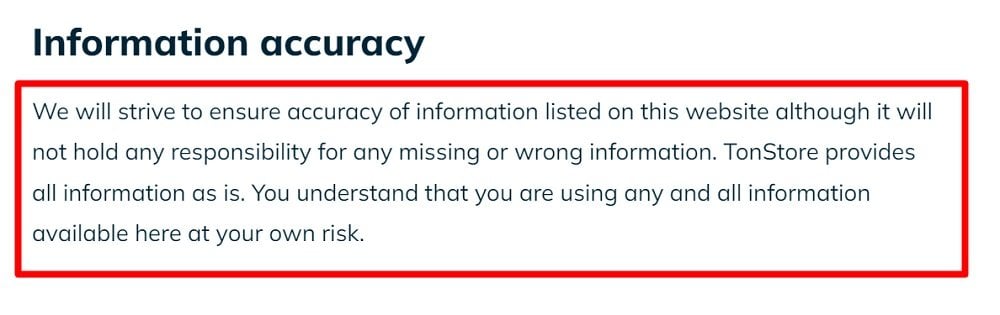 TON Apps Disclaimer: Information accuracy section