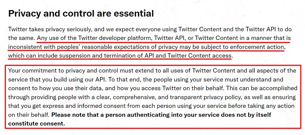 Twitter Developer Policy: Privacy and control are essential clause