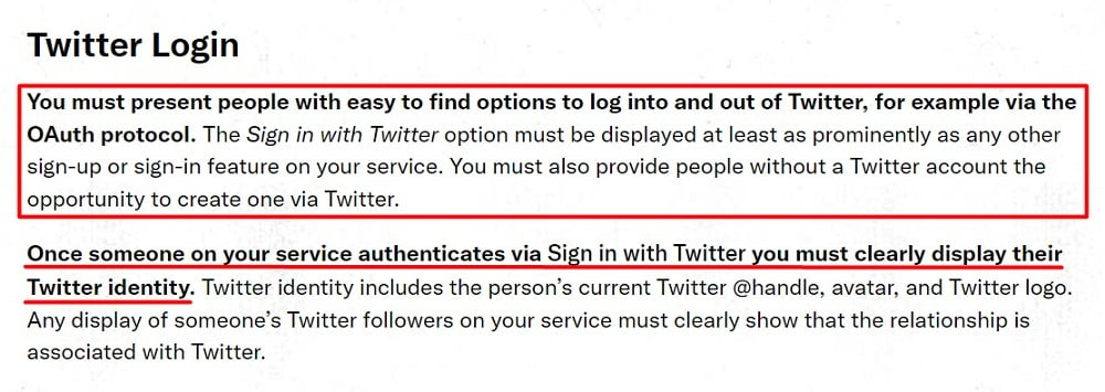 Twitter Developer Policy: Rules for specific Twitter services or features chapter - Twitter Login section