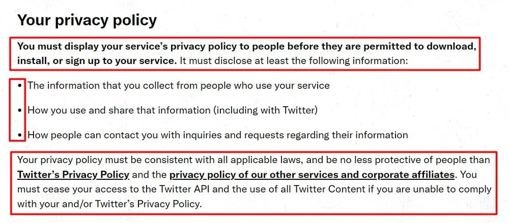 Twitter Developer Policy: Your Privacy Policy clause