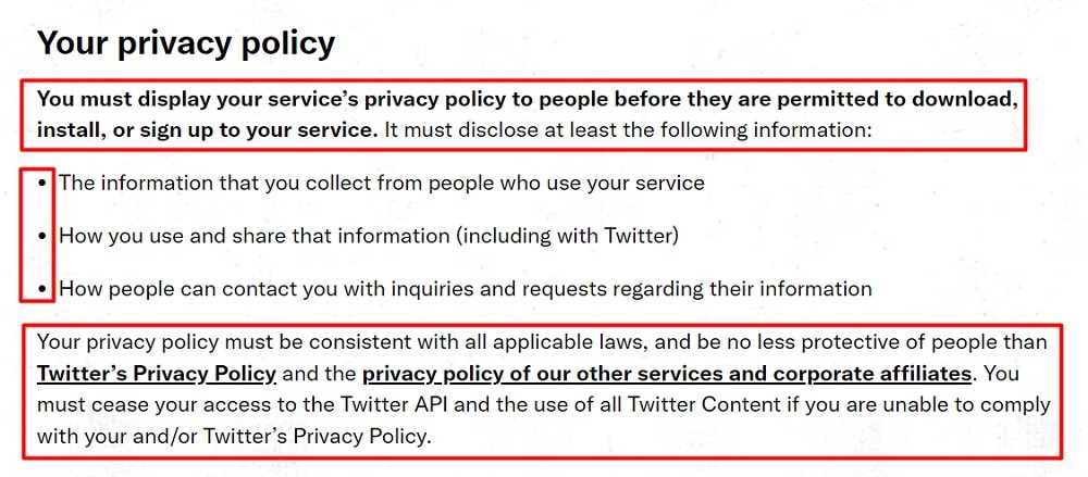 Twitter Developer Policy: Your Privacy Policy clause