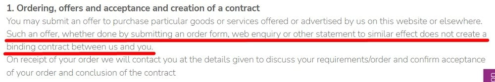 Waxaxe Terms and Conditions: Ordering offers and acceptance and creation of a contract clause