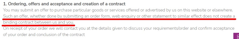 Waxaxe Terms and Conditions: Ordering offers and acceptance and creation of a contract clause