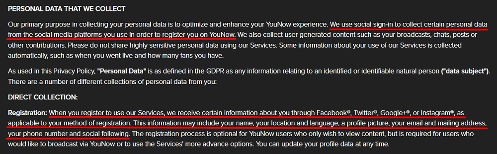 YouNow Privacy Policy: Personal data that we collect clause - Direct Collection excerpt