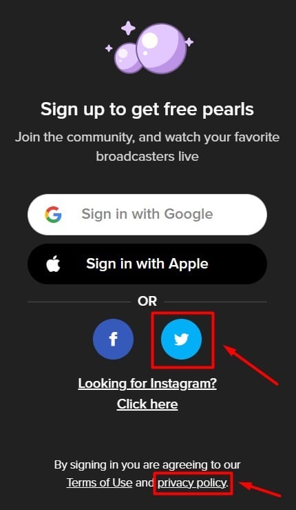 YouNow sign in page with Twitter login icon and Privacy Policy link highlighted